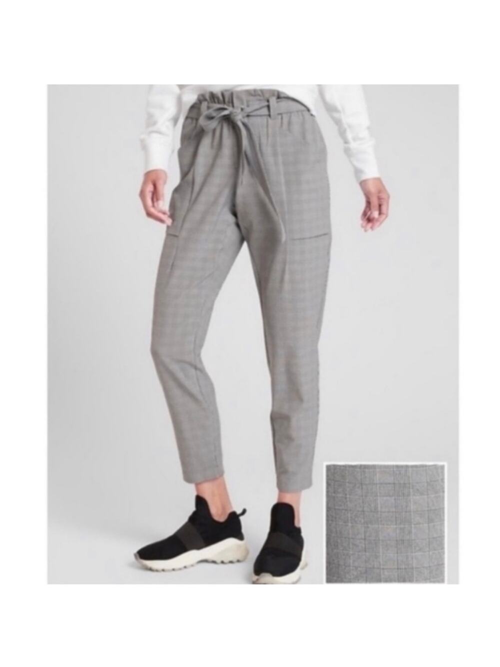 Athleta Pants Womens 2 Gray Skyline Plaid Paperbag High Rise Belted Stretch Work